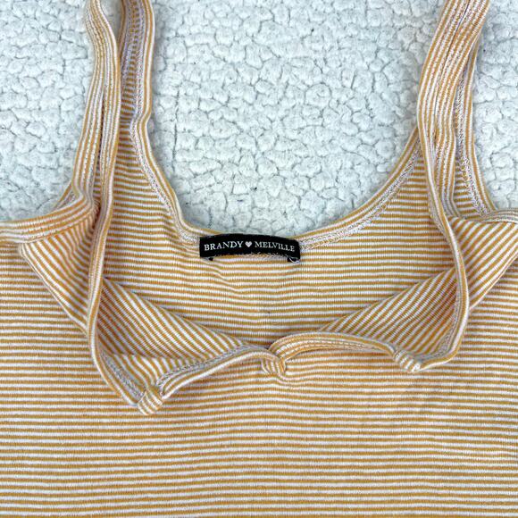 Brandy Melville Striped Crop Tank Top Yellow White Notched V Neck - Picture 3 of 5